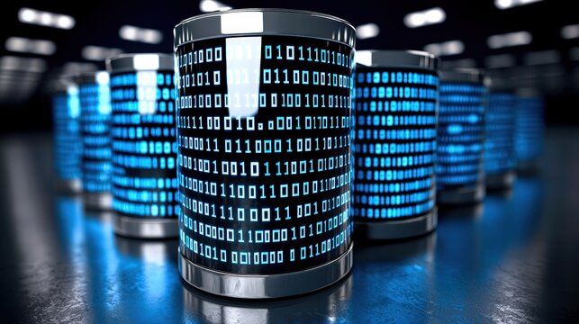 Data storage with binary code on metallic cylinders, illuminated by blue lights.