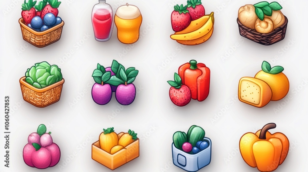 Poster a colorful array of fruits, vegetables, and beverages arranged in a grid format.