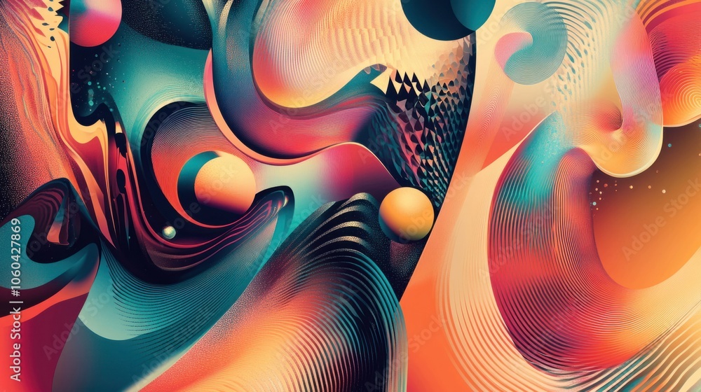 Poster colorful digital psychedelic art with swirling abstract shapes and retro color scheme