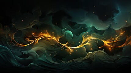 Abstract swirling patterns with glowing accents create a mystical atmosphere.