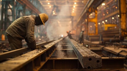 Despite the massive size of the steel pieces the workers handle them with ease demonstrating their strength and agility.