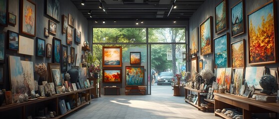 A vibrant art gallery showcasing colorful paintings and sculptures in a bright, inviting space.