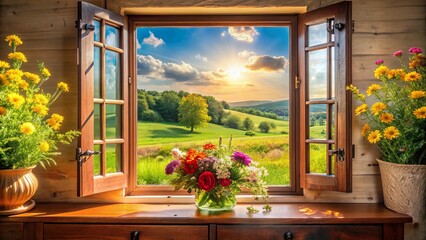 A Rustic Window Opens to a Verdant Landscape, Framing a Vibrant Bouquet of Summer Blooms