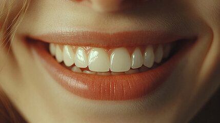 Obraz premium Female smile with lip filler. Open mouth with perfect teeth. Dental care, whitening healthy procedure, orthodontic treatment. Fashion cosmetic concept. Sensual beauty banner with copy space