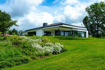 Close-up of fresh poppy flowers on field. Beautiful simple AI generated image