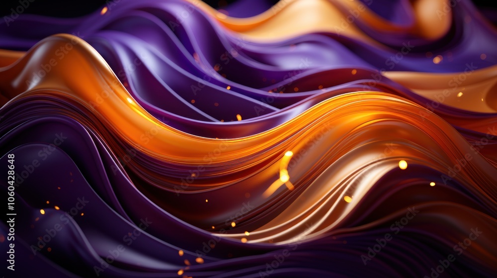 Poster a vibrant abstract image of flowing waves in purple and orange hues with glowing particles.