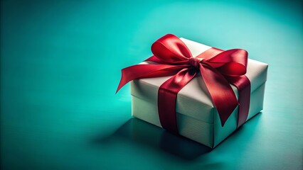 Obraz premium A white gift box adorned with a crimson satin bow, resting on a cool teal surface, exudes a sense of anticipation and joy.