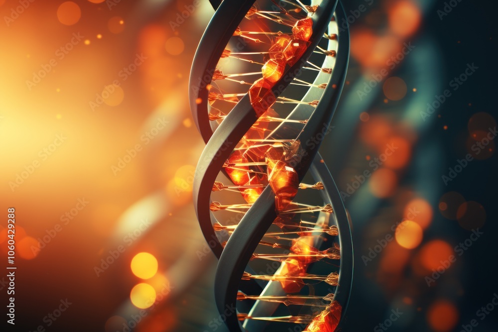 Poster a visually striking representation of a dna double helix with vibrant colors and glowing elements.