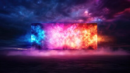 Fototapeta premium A vibrant cosmic display of colors emanating from a rectangular shape, set against a dramatic cloudy backdrop.