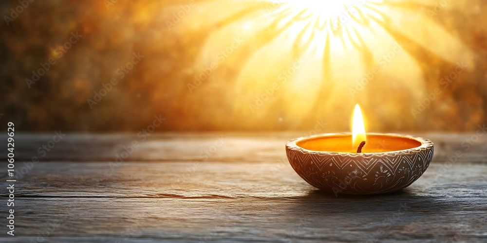 Poster burning candle on wooden table plain textured background for web design and copy