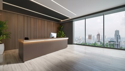 Fototapeta premium Modern concrete and hardwood office interior with reception desk and window with city view. Office lobby and waiting area concept. 3D Rendering.