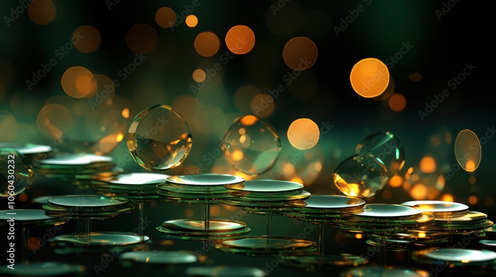 Poster abstract composition of droplets and reflective surfaces with a bokeh background.