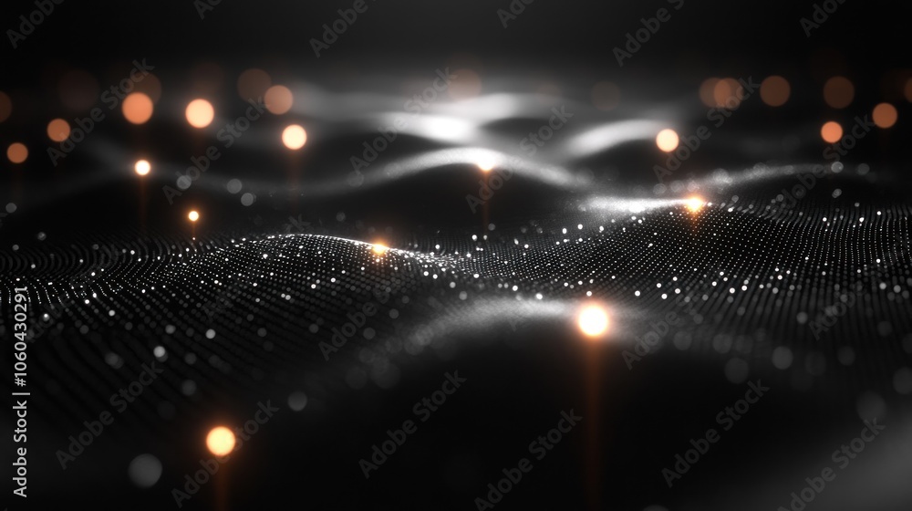 Poster abstract representation of waves with glowing particles, creating a digital landscape.