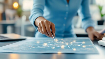 Close-up of a person pointing at a digital map with glowing network connections, symbolizing strategy, planning, and connectivity in a modern workspace.