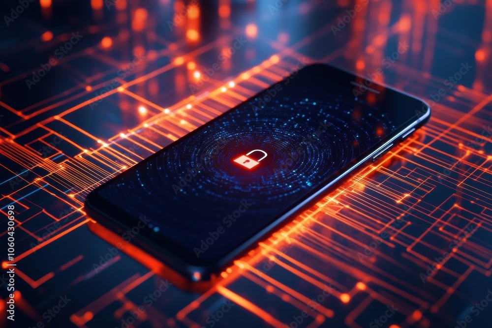 Poster A smartphone rests on a surface, showcasing a vibrant lock icon on its screen, representing digital security in technology. Generative AI