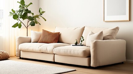 Modern living room with beige sofa and cushions, green potted plant, wall art, and soft lighting