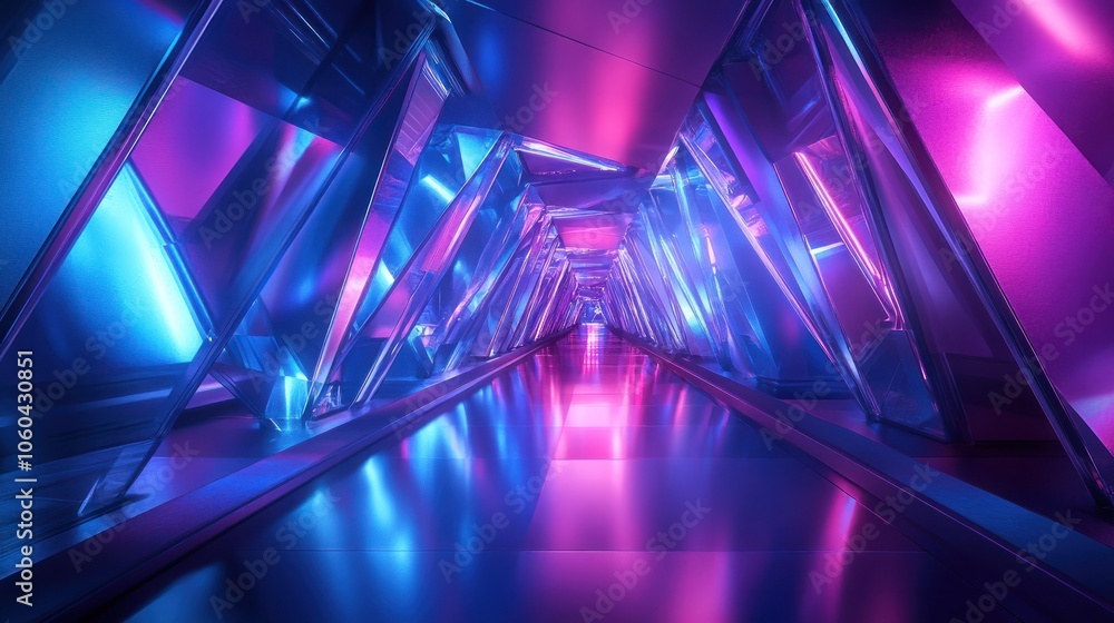 Poster futuristic triangle corridor with neon lights illuminating the walls creating a symmetrical