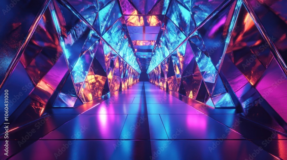 Aufkleber futuristic triangle corridor with neon lights illuminating the walls creating a symmetrical