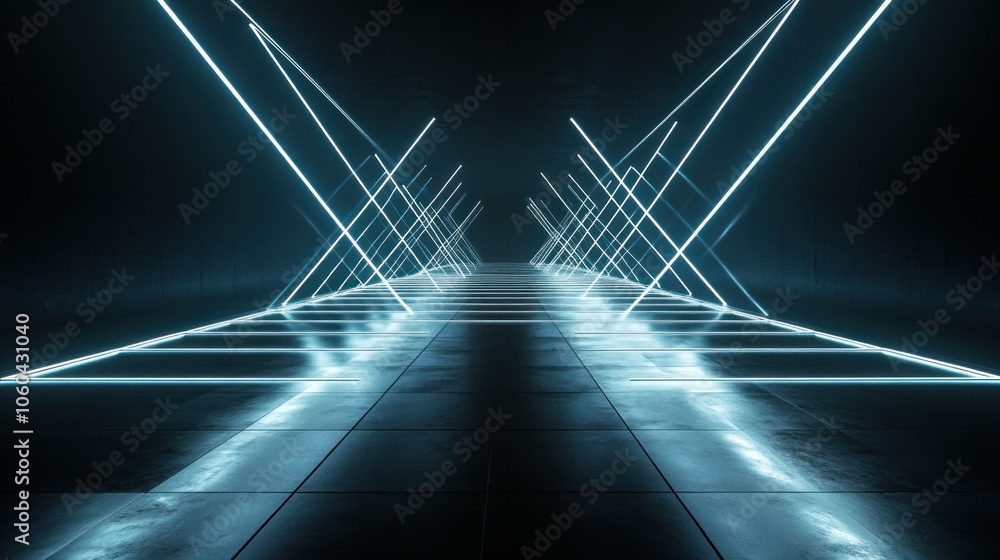 Poster futuristic triangle corridor with neon lights illuminating the walls creating a symmetrical