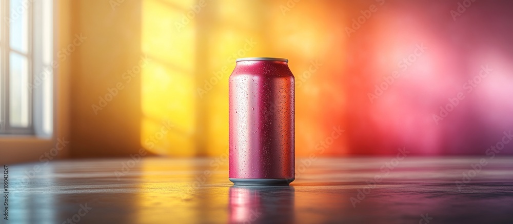 Poster a single red soda can sits on a reflective surface with colorful light in the background.