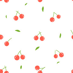 Seamless pattern with red cherry with green leaves on white background vector.