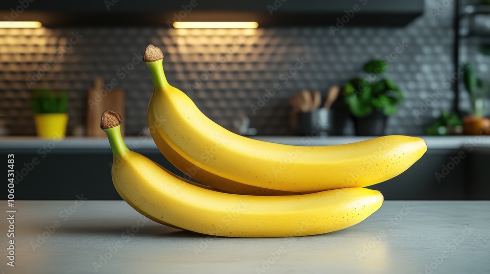 Wall mural two ripe yellow bananas on a gray countertop in a modern kitchen.