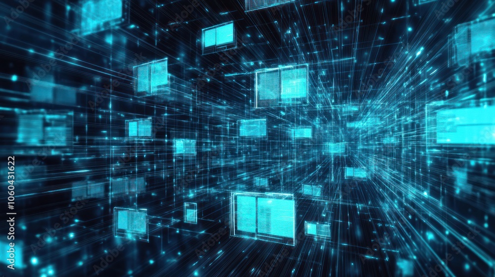 Poster abstract network grid with icons of files and folders floating in a virtual space symbolizing a digi
