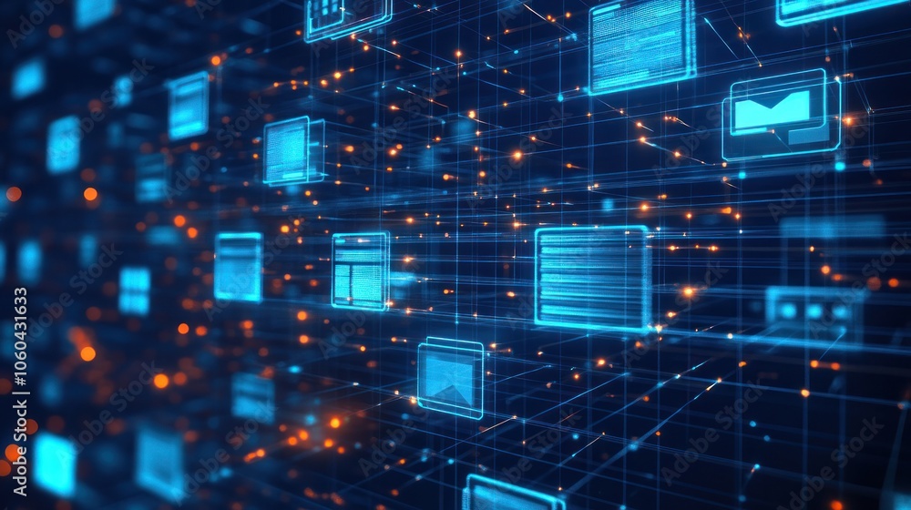 Poster abstract network grid with icons of files and folders floating in a virtual space symbolizing a digi