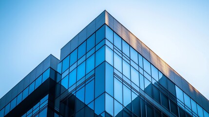 Close-Up of Glass and Steel Corner Edge of Office Building in Dark Blue Color Scheme Against White Sky