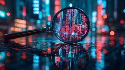 Magnifying Glass Focused on Digital Data and City Lights Reflection
