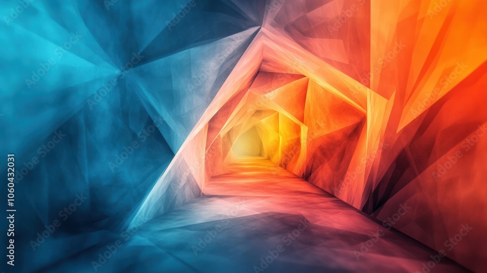 Poster futuristic triangle corridor with neon lights illuminating the walls creating a symmetrical