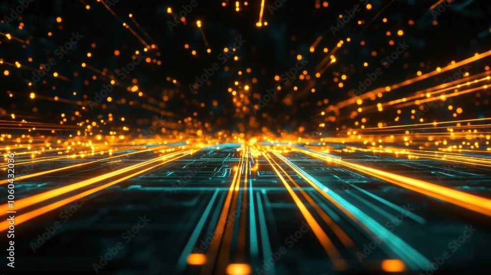 Aufkleber network cables and a central router emit vibrant, abstract glowing lines, illustrating the essence o