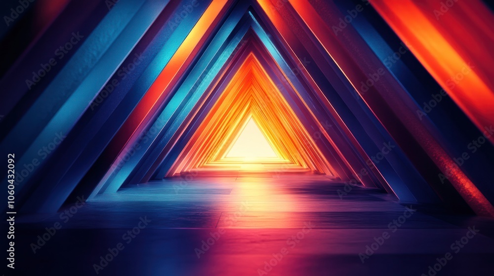 Poster futuristic triangle corridor with neon lights illuminating the walls creating a symmetrical