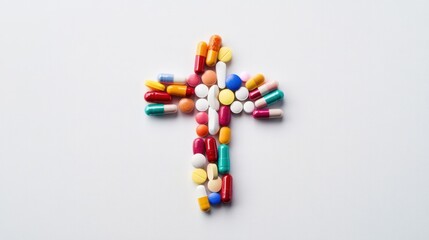 various colored pills arranged in the shape of a cross on a clean white background symbolizing the intersection