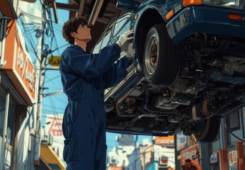 Obraz premium Mechanic Working on Elevated Car in Urban Setting – A mechanic in blue overalls fixing a raised vehicle in a busy urban garage surrounded by buildings and wires.