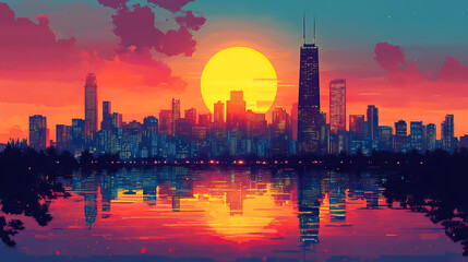 Fototapeta premium Lakewood, USA, Pop Art style theme print. Cityscape, city skyline.Vibrant, bright, modern, trendy, graphic designed for poster, card, wallpaper