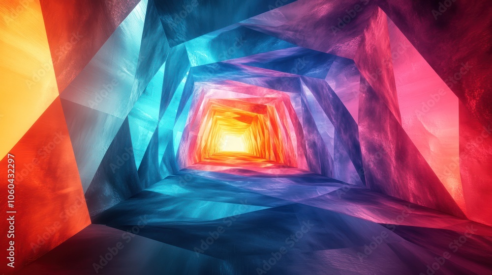 Poster futuristic triangle corridor with neon lights illuminating the walls creating a symmetrical
