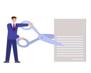 Man cuts a document with scissors. Tax deduction. Vector simple color flat illustration.