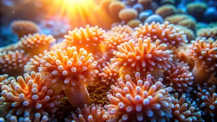 A cluster of coral polyps glowing softly in the sunlight, underwater scene, sea creatures