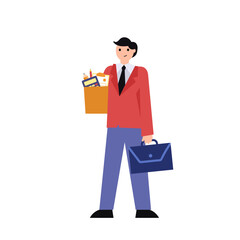 Man with a box for a new job. Vector simple color flat illustration.