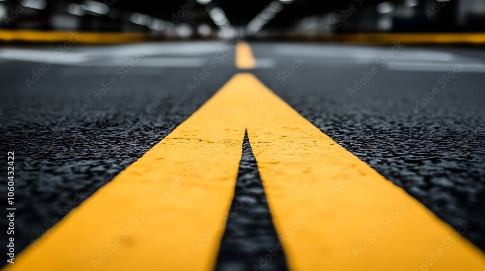 Poster yellow lines on black asphalt abstract gradient background with copy space