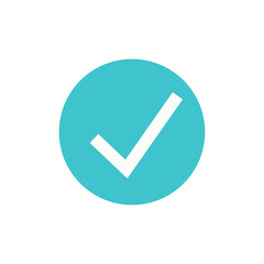 Check mark in a light blue circle. Vector simple color flat illustration.