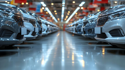 Obraz premium Rows of Cars in Showroom - Realistic Image