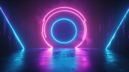 A minimalistic dark background with neon lights radiating outward from a central point,