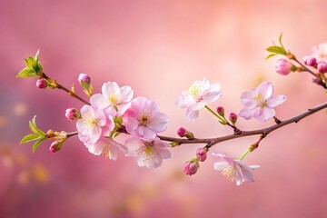 Obraz premium A delicate cherry blossom branch against a soft pink background with a few leaves and twigs, botanical garden, beautiful flowers, early bloomers, cherry blossom