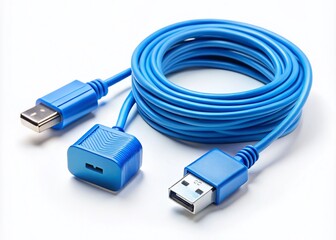 Blue USB Wire and Adapter Isolated on White Background - High-Quality Close-Up Drone Photography