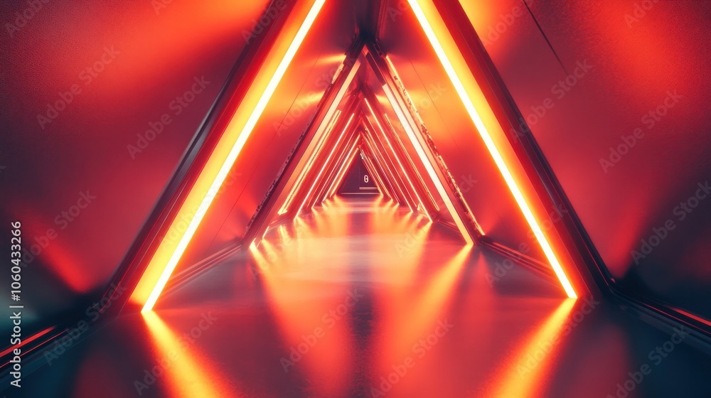 Poster futuristic triangle corridor with neon lights illuminating the walls creating a symmetrical
