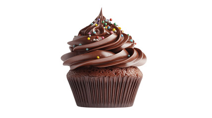 A chocolate cupcake with frosting swirls and sprinkles, floating on a white background.


