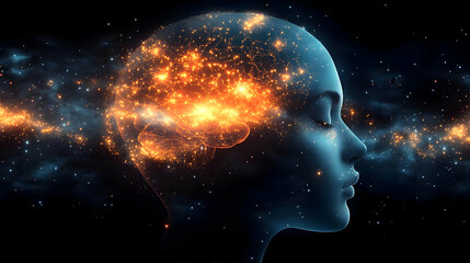 Human Head with Glowing Brain in Space - 3D Illustration