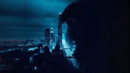 Engineer and futuristic cityscape double exposure in dark blue tones With copy space Futurism, Octane render, Innovative, Modern